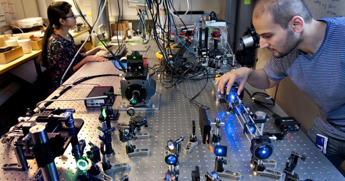 Researchers at a quantum photonics optical bench